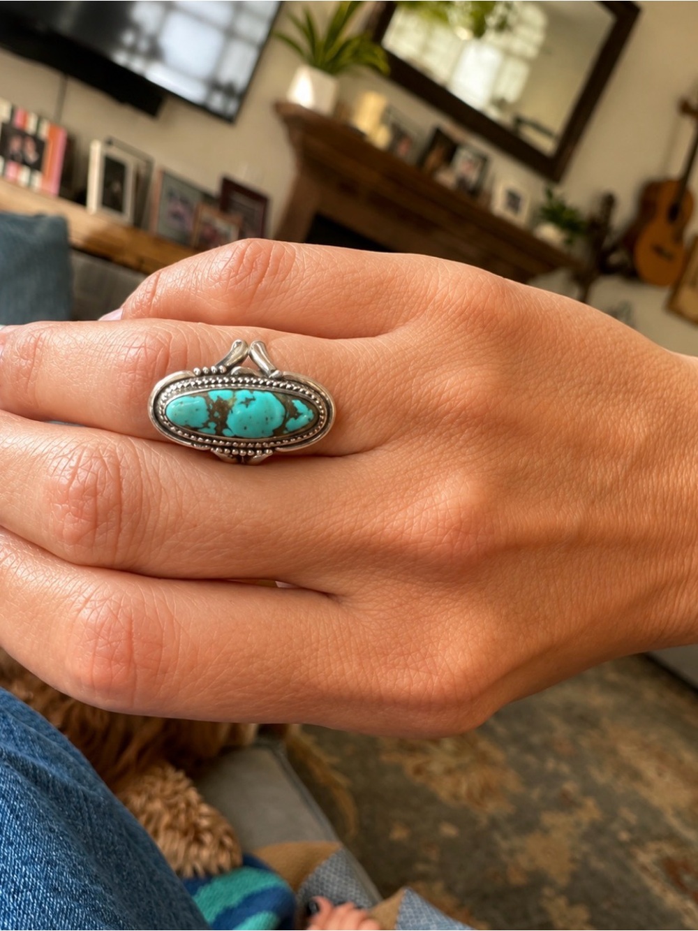 Turquoise Oval Sterling-Style Statement Ring - Blue Green - Picture 3 of 4